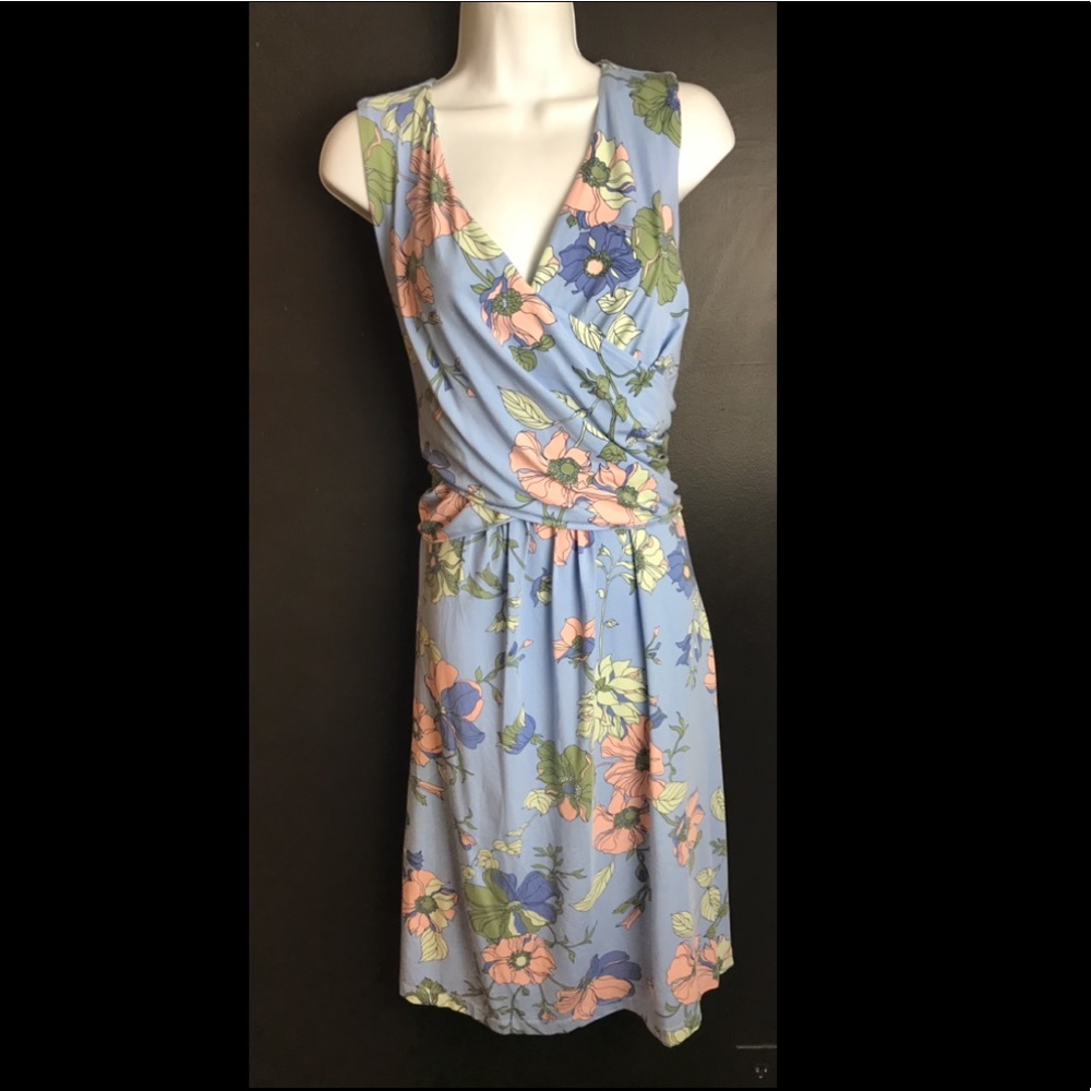 Lands’ End Faux Wrap Dress Blue Floral Stretch Knit G… Gem